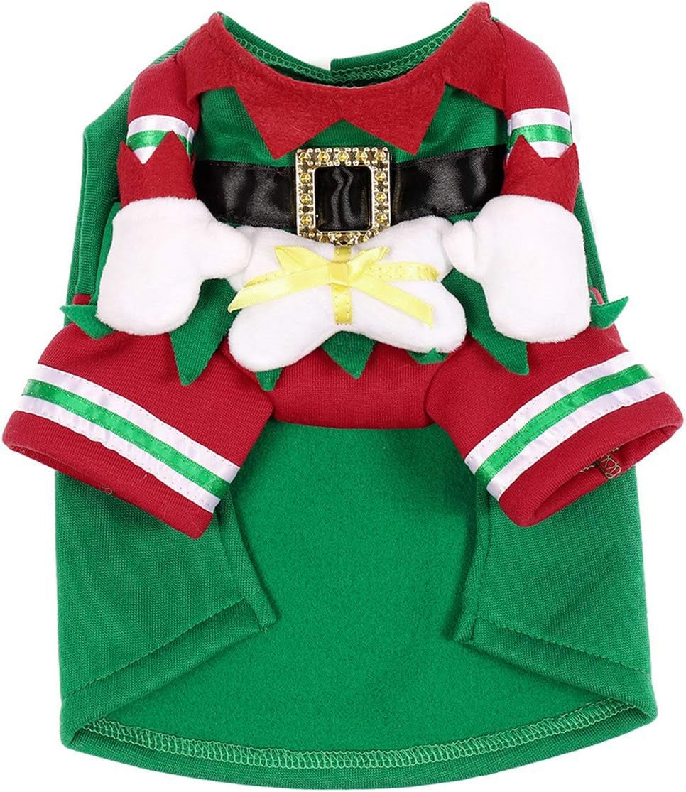 Dog Cat Christmas Elf Costume with Hat, Pet Christmas Winter Fleece Coat Clothes 