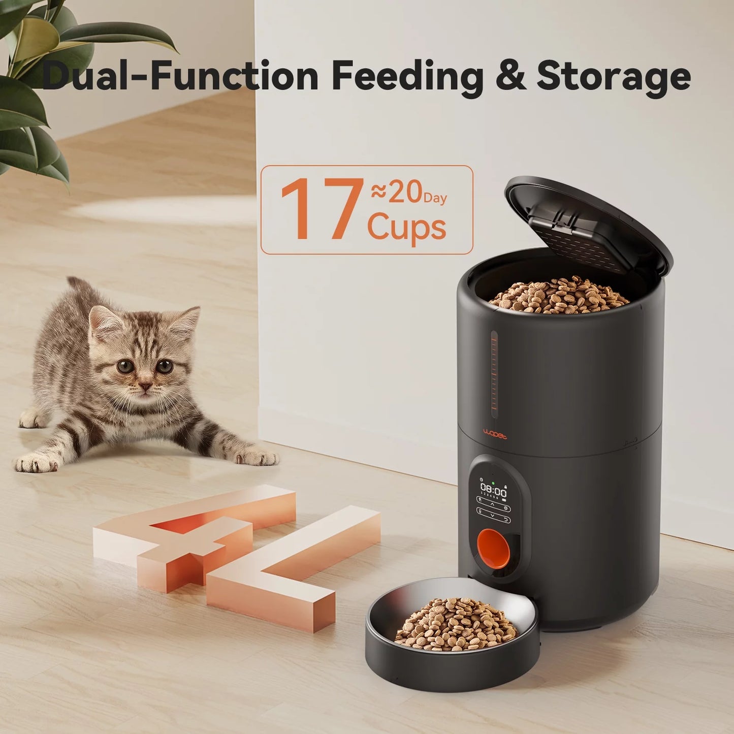 Automatic Pet Feeders for Cat and Dog - Food Dispenser with Stainless Steel Bowl, 4L, Black