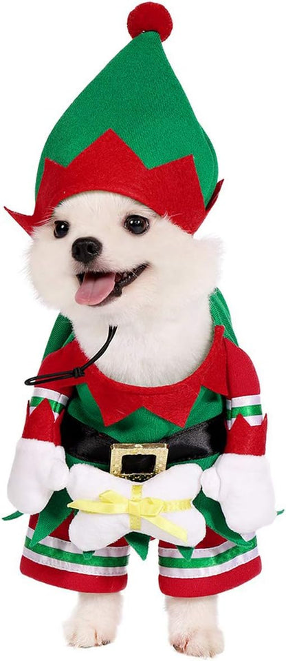 Dog Cat Christmas Elf Costume with Hat, Pet Christmas Winter Fleece Coat Clothes 