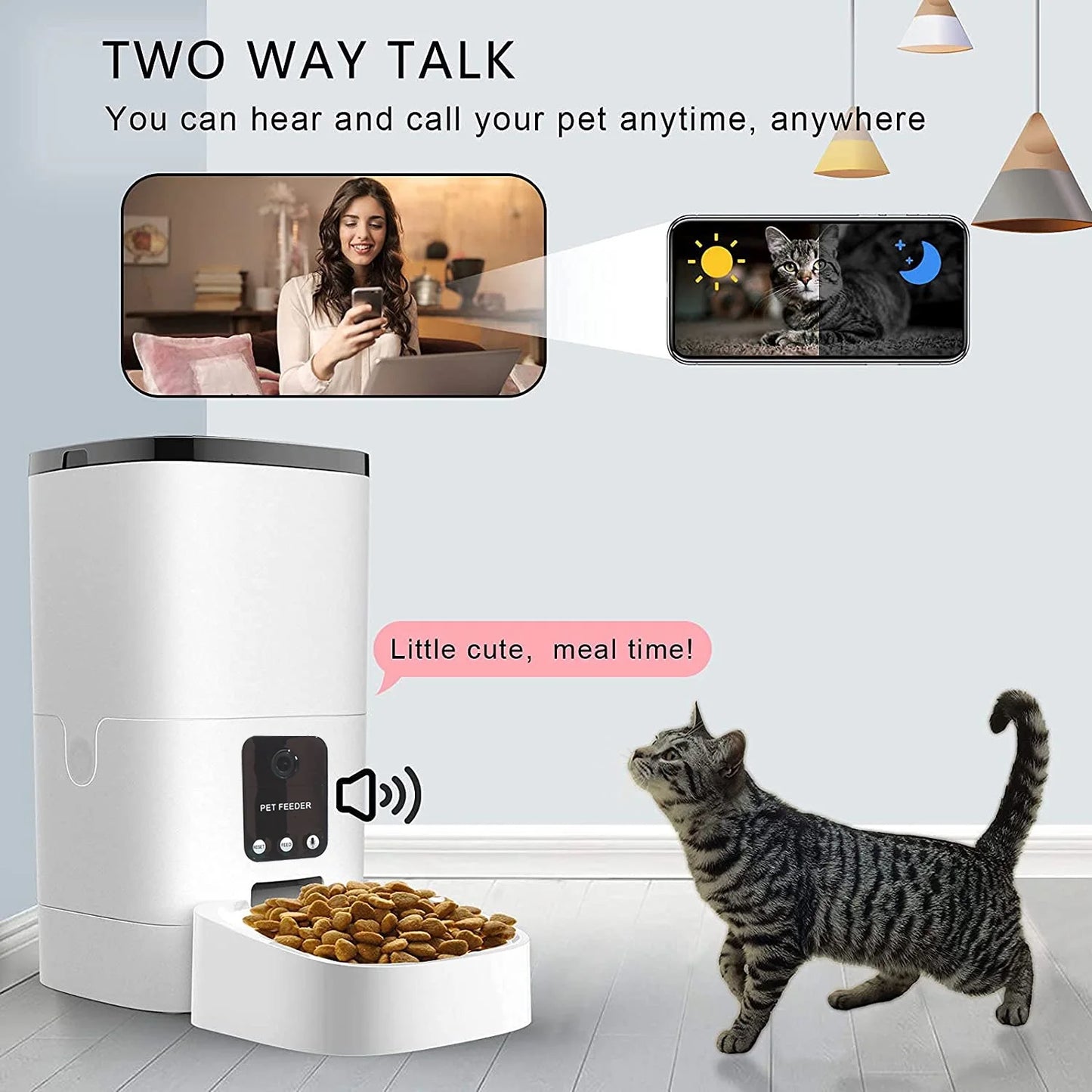 Automatic Pet Feeder with 6L Capacity, 1080P Camera, App Control, Voice Recording, Timed Feeding for Cats and Dogs