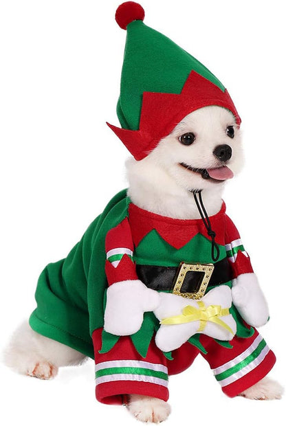 Dog Cat Christmas Elf Costume with Hat, Pet Christmas Winter Fleece Coat Clothes 