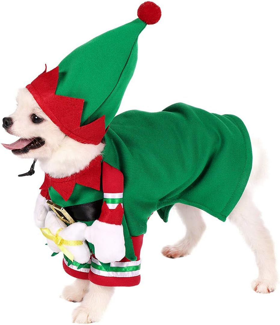 Dog Cat Christmas Elf Costume with Hat, Pet Christmas Winter Fleece Coat Clothes 