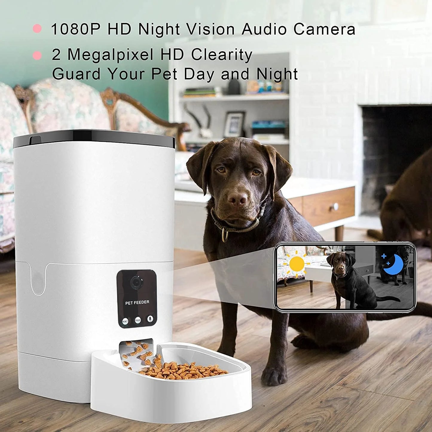 Automatic Pet Feeder with 6L Capacity, 1080P Camera, App Control, Voice Recording, Timed Feeding for Cats and Dogs