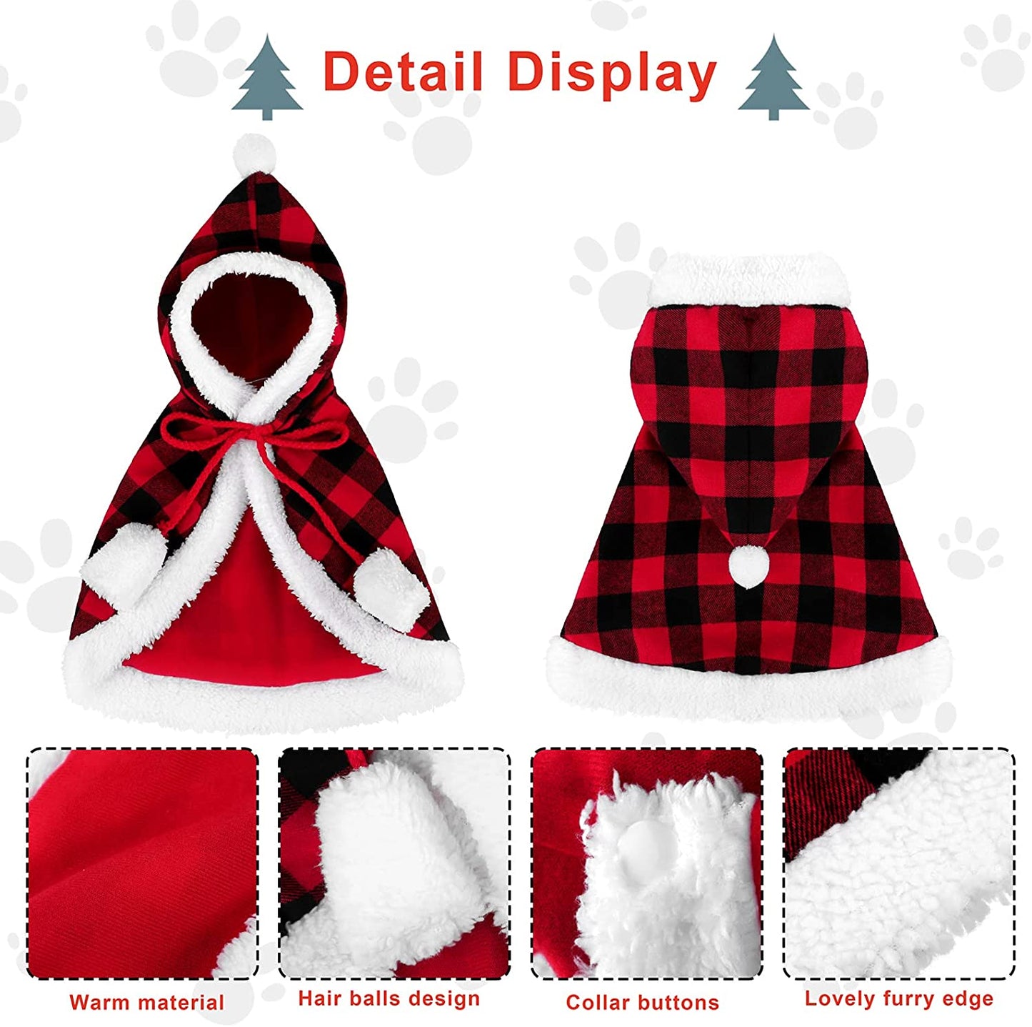 Christmas Cat Dog Costume Red Black Buffalo Plaid Pet Santa Cape with Xmas Hat