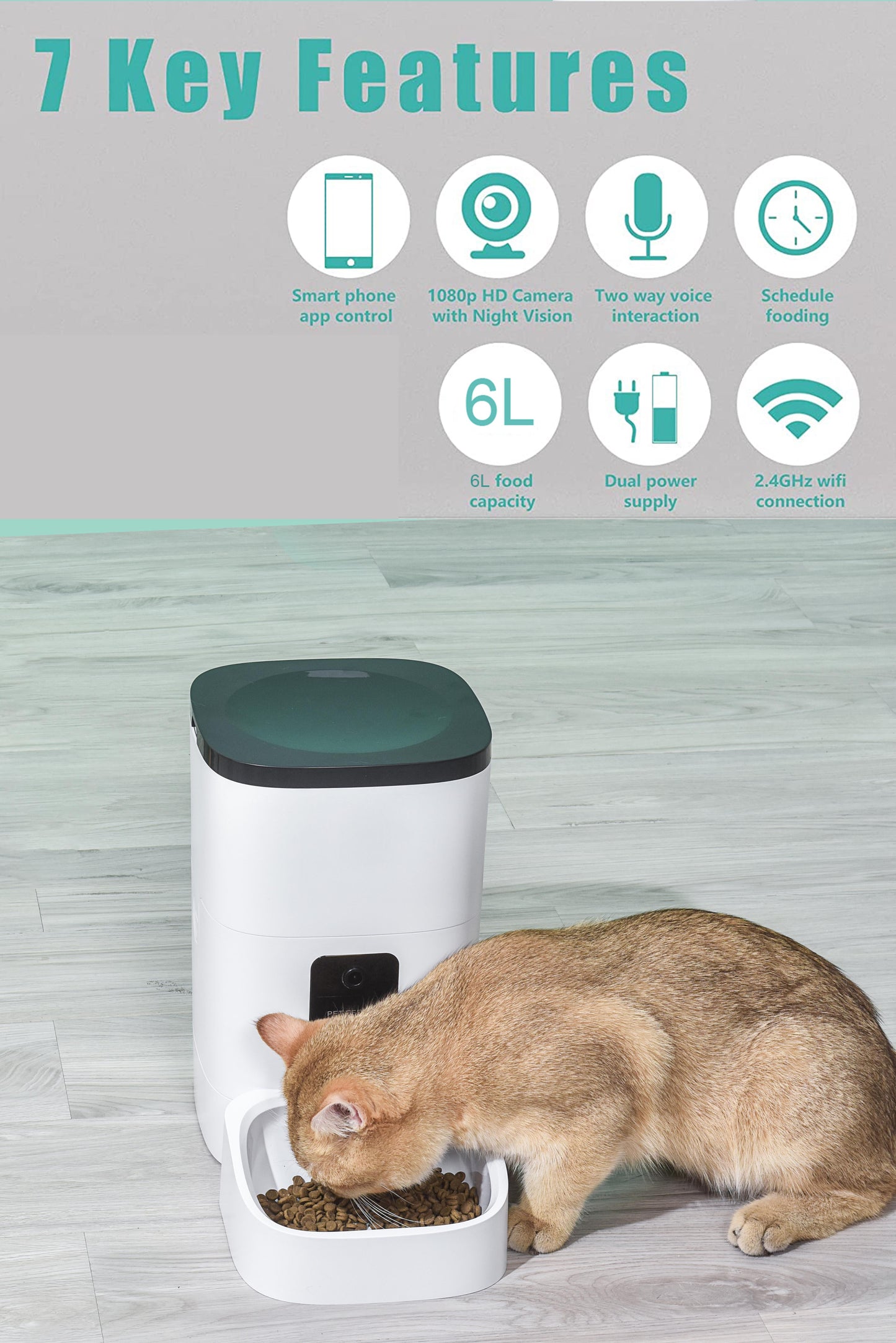 Automatic Pet Feeder with 6L Capacity, 1080P Camera, App Control, Voice Recording, Timed Feeding for Cats and Dogs