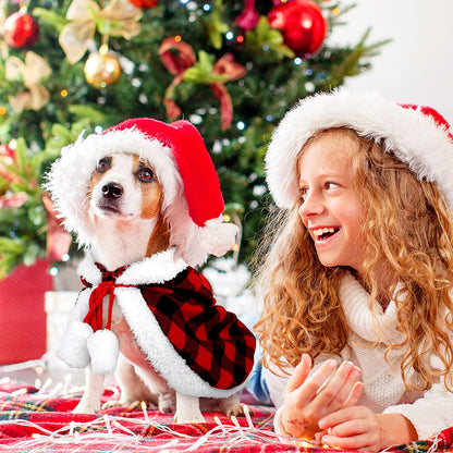 Christmas Cat Dog Costume Red Black Buffalo Plaid Pet Santa Cape with Xmas Hat