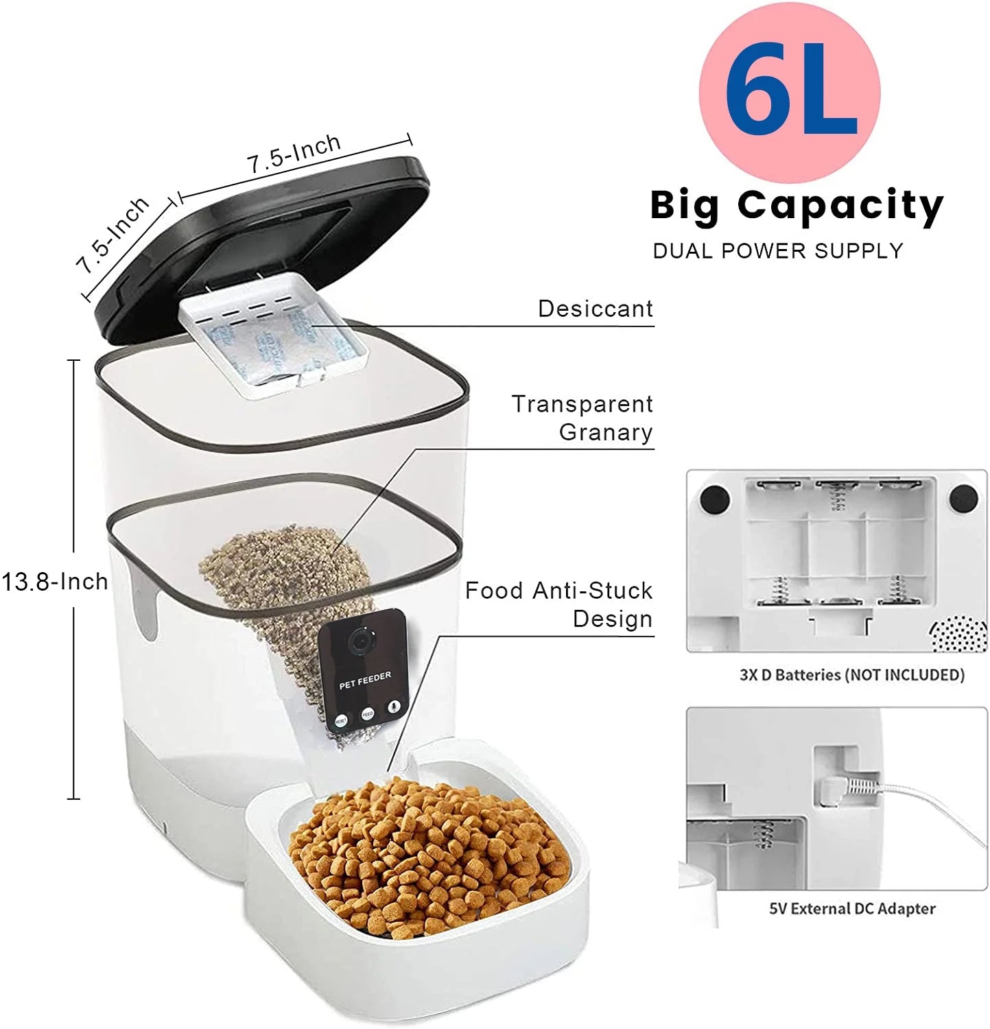 Automatic Pet Feeder with 6L Capacity, 1080P Camera, App Control, Voice Recording, Timed Feeding for Cats and Dogs