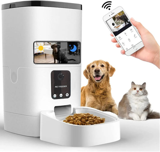 Automatic Pet Feeder with 6L Capacity, 1080P Camera, App Control, Voice Recording, Timed Feeding for Cats and Dogs