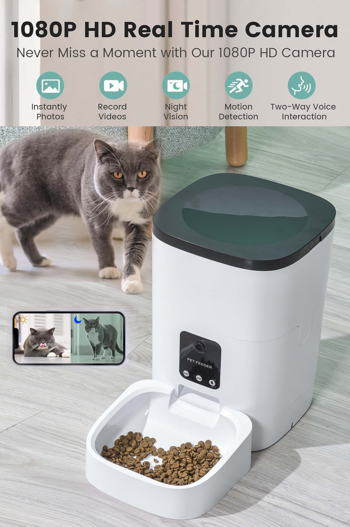 Automatic Pet Feeder with 6L Capacity, 1080P Camera, App Control, Voice Recording, Timed Feeding for Cats and Dogs