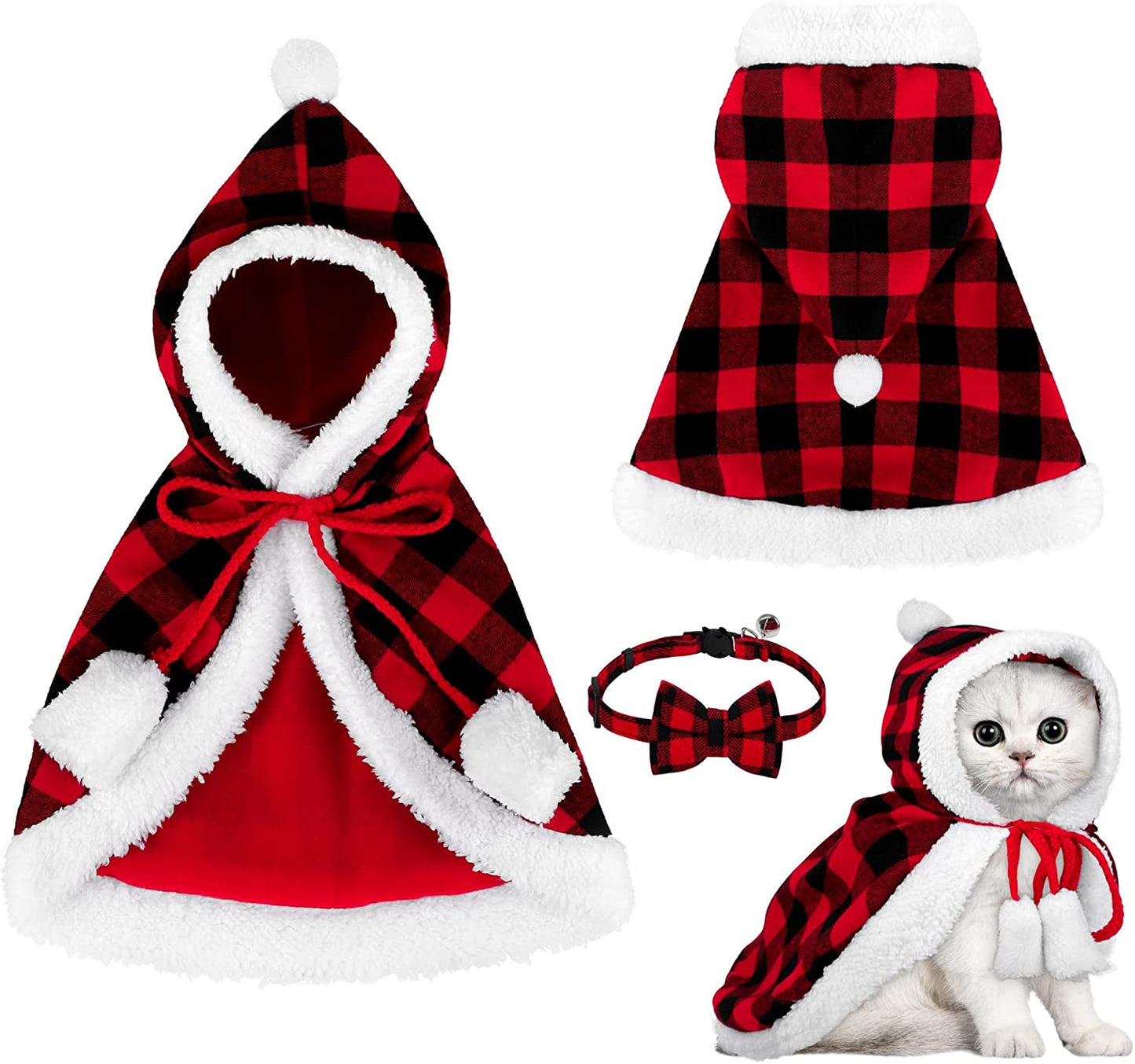 Christmas Cat Dog Costume Red Black Buffalo Plaid Pet Santa Cape with Xmas Hat